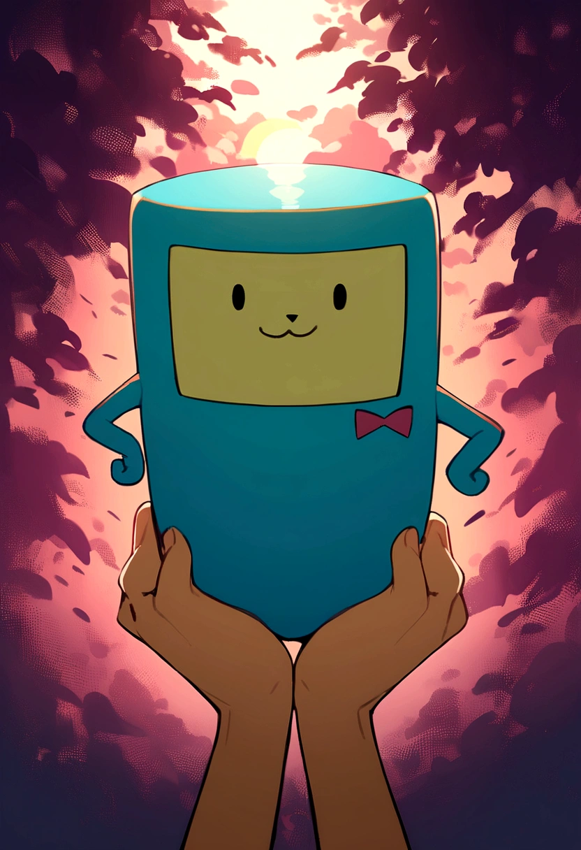 bmo from adventure time, is held in hands.
