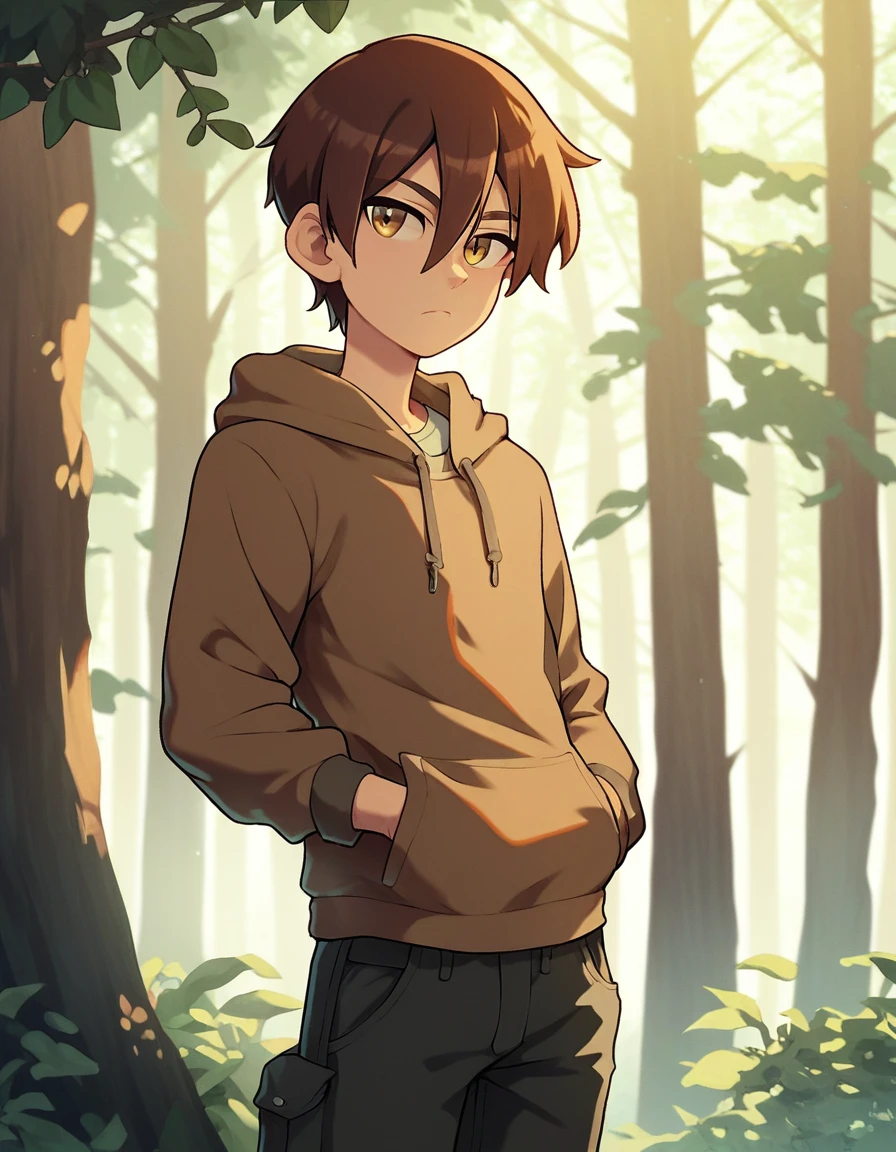 solo man, slim body, serious expression, brown hoodie, black cargo pants, long sleeves, baggy, dark brown hair, medium length, hair between eyes, brown eyes, highly detailed, top quality, forest, daylight
