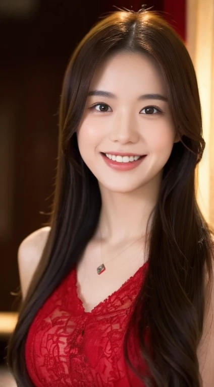 1girl smiling, long dark hair, wearing a red pendant, portrait of a girl in a red dress, upper body, beautiful detailed eyes, beautiful detailed lips, extremely detailed face, longeyelashes, intricate details, masterpiece, photorealistic, 8k, vivid colors, warm lighting, portrait, highly detailed, cinematic lighting