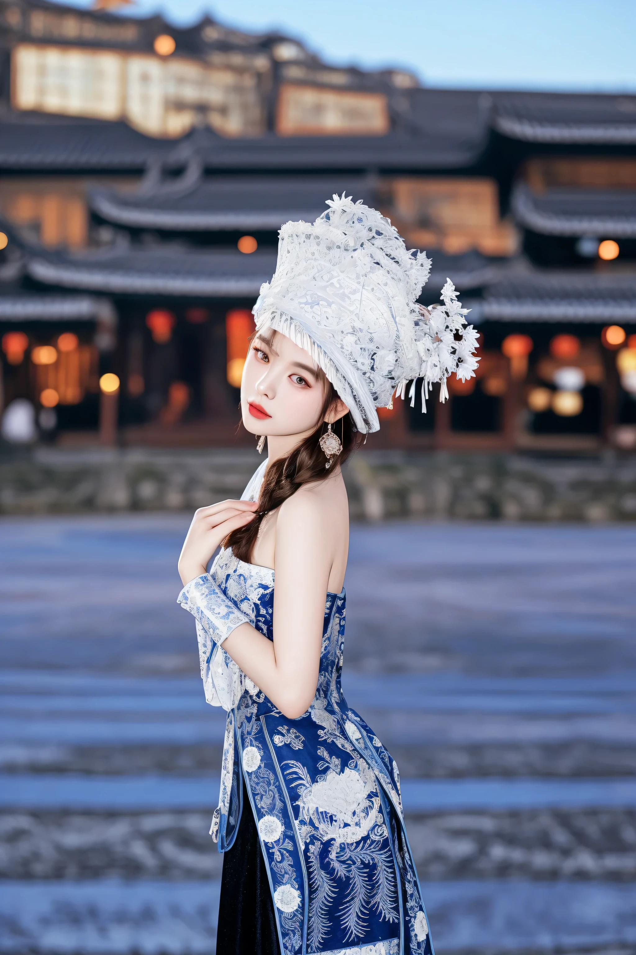 araffe woman in a blue dress and a white hat, palace , a girl in hanfu, traditional chinese, a beautiful fantasy empress, with acient chinese clothes, chinese costume, chinese woman, chinese girl, traditional chinese clothing, chinese princess, chinese empress, wearing an ornate outfit, traditional tai costume, inspired by Jin Nong