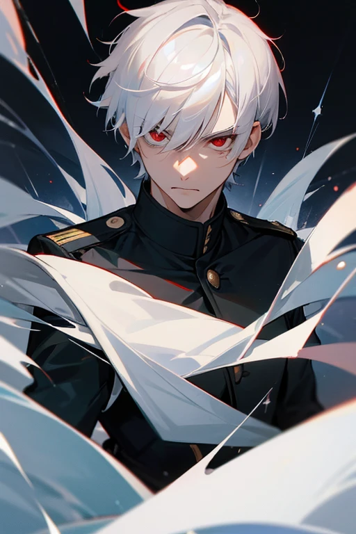 male、White Hair、Short Hair、Red Eye、Cold-blooded man、Handsome、Cold Face、Well-formed face、uniform、military uniform、generalissimo、Vanguard、