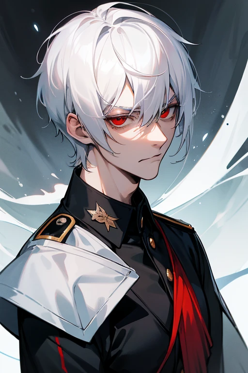 male、White Hair、Short Hair、Red Eye、Cold-blooded man、Handsome、Cold Face、Well-formed face、uniform、military uniform、generalissimo、Vanguard、