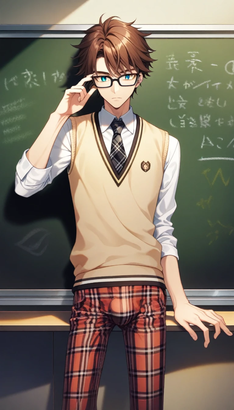 score_7, score_8, 1man, ((solo)), nerd, a handsome man, brown hair, styled hair, adjusting glasses, bulge in pants, sharp eyes, black glasses, in front of a chalkboard, skinny body type, teacher, sweater vest, tie, plaid pants