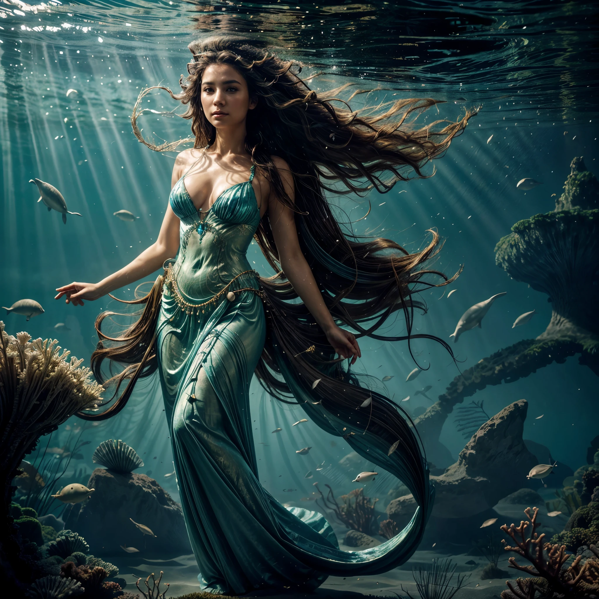 A majestic sea goddess is emerging from the ocean floor, surrounded by marine life. Light breaks through the water, creating an ethereal and mystical lighting around her. Her presence is awe-inspiring, with flowing hair and attire made of seaweed and shells, accentuating her connection to the underwater realm. A variety of fish and other marine creatures swim around her, adding to the sense of enchantment.
Details for creating a picture:
Main object:
Sea goddess with a regal and serene expression.
Flowing hair adorned with seashells, seaweed, and pearls.
Elegant attire made of seaweed, shells, and other oceanic elements.
Ambient:
Ocean floor, covered with sand and stones.
Marine flora: seaweed, kelp, and coral formations.
Marine fauna: various types of fish, jellyfish, sea turtles, and maybe dolphins.
Lighting & Atmosphere:
Scattered light penetrating through the water from above, creating soft light rays around the goddess.
Shadows and depth, giving the image realism.
Bluish and greenish shades, characteristic of the underwater environment.
Additional elements (Optional):
Ancient ruins or treasure chests in the background to add mystique.
Little air bubbles rising from the goddess and surrounding area.
Style and mood:
Realistic style with high detail.
Mystical and enchanting atmosphere.
Combination of divine and natural.
Technical specifications:
High resolution.
Realistic stylization.
Detailed elements of the goddess and the underwater world.
Effective use of light and shadow to create depth and realism.