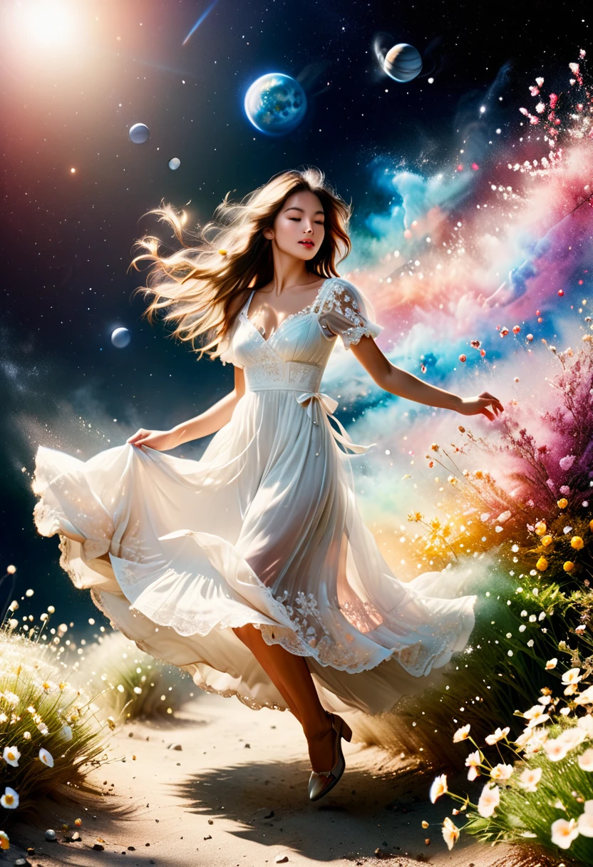 Perfect image:1.5. Analogue Photography:1.2),((Dynamic pose:1.2),(Dynamic Camera),NASA Style, On a moon full of flowers, Young woman in a long lace dress, Long Hair,Walk happily on the flower moon, Looking into the camera, The background is space, and Earth, performer, Other planets also appear to have ribbons flying around, Ultra-realistic, Actual photo shoot, Realistic, Photo taken with a Mamiya ARZ67 and Portra 400 film, Aperture 4, Shutter Speed 125 Stardust (Natural Color, Correct White Balance, Color Correction, Haze Removal,clarity), (Composition centering, Conceptual Photography)),(midnight, high quality, Film Grain), (Natural Color, Correct White Balance, Color Correction, Haze Removal,clarity)