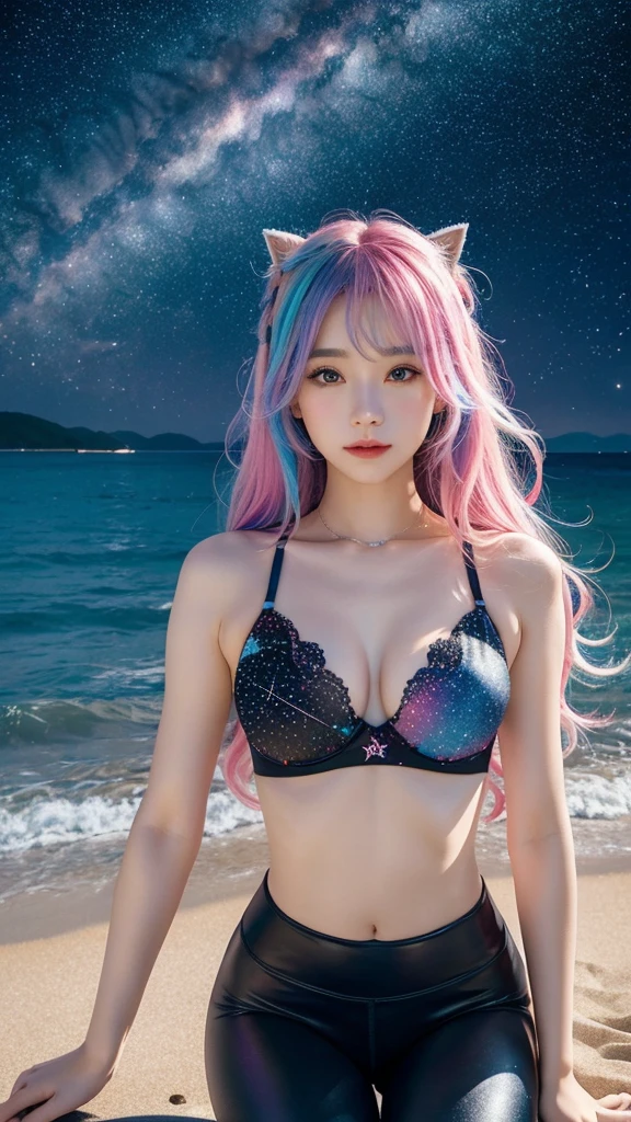 AIBeauty、リアルBeauty、Riding a Unicorn、Bra Top、leggings、Rainbow colored hair、Constellations can be seen on the beach、starry sky zoo