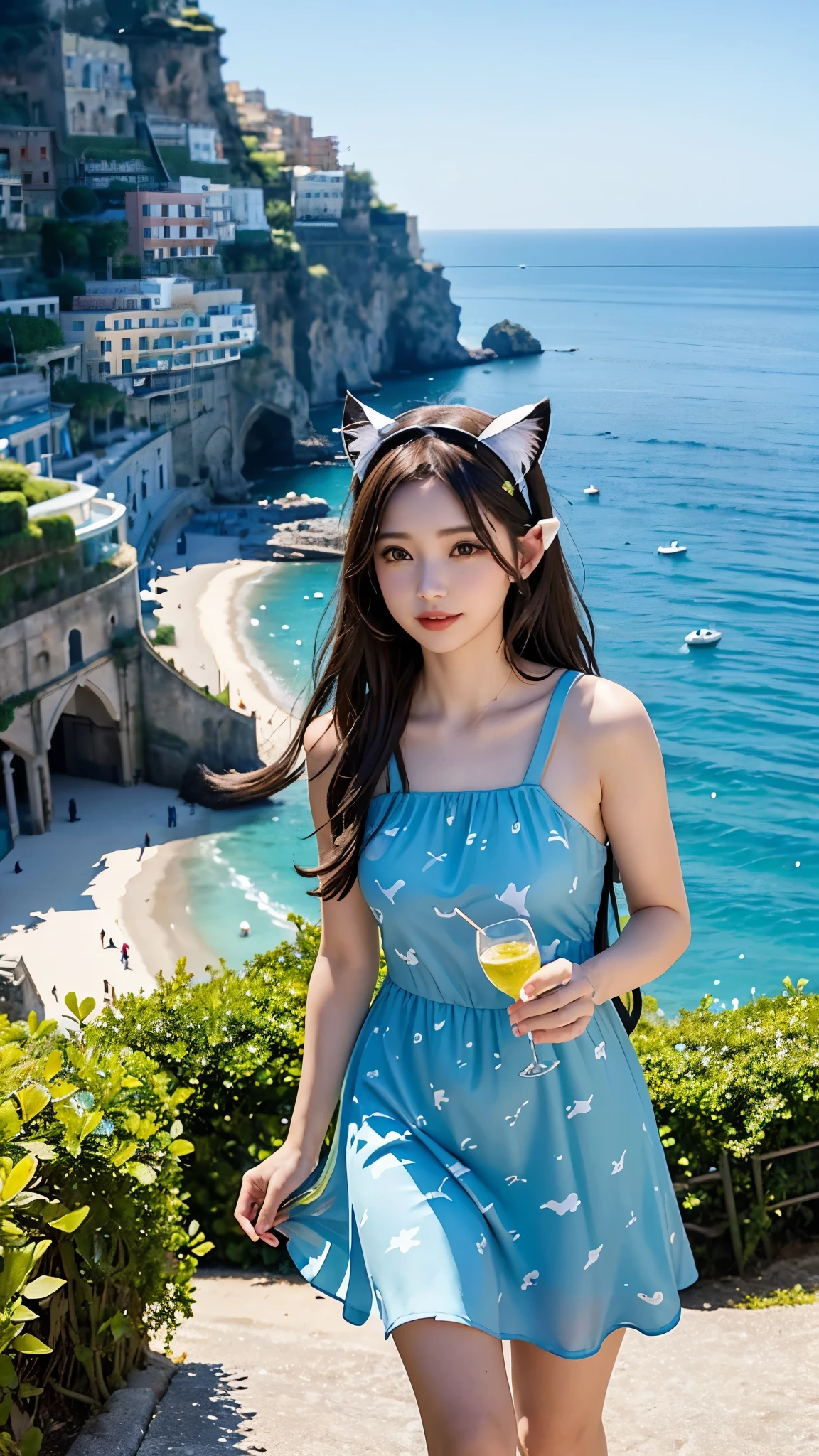 Beautiful girl walking seashore,
the stunning Amalfi Coast in Italy, with viewers enjoying the traditional Italian lemon liqueur, Limoncello, in hand as they take in the breathtaking scenery,
Capture the picturesque coastal villages along the Amalfi Coast, such as Positano, Amalfi, and Ravello, with their colorful buildings cascading down the cliffs towards the azure Mediterranean Sea,
Focus on the rugged coastline, with images of dramatic cliffs, hidden coves, and crystal-clear waters that create a paradise-like setting for relaxation and exploration
(Cat ears:1.3), (Cow pattern dress:1.2),