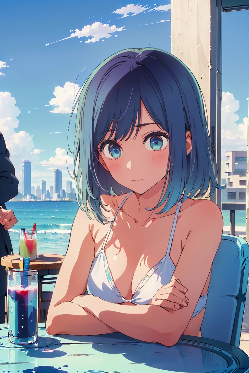 (Highest quality:1.4、8K:1.4、detailed)、F cup bust、Big Breasts、Slim body、Very white beautiful skin、((((1 person、Surprised expression、sit、Chair、In the background are the urban buildings of Tokyo、looking at the camera、Outdoor café terrace、coastal、Navy hair color、juice、White side string high leg bikini、Shooting up close、Shooting from an angle、table、Very cute face))))、(Cross your arms:1.4)、Very blue sky、A completely cloudless sky