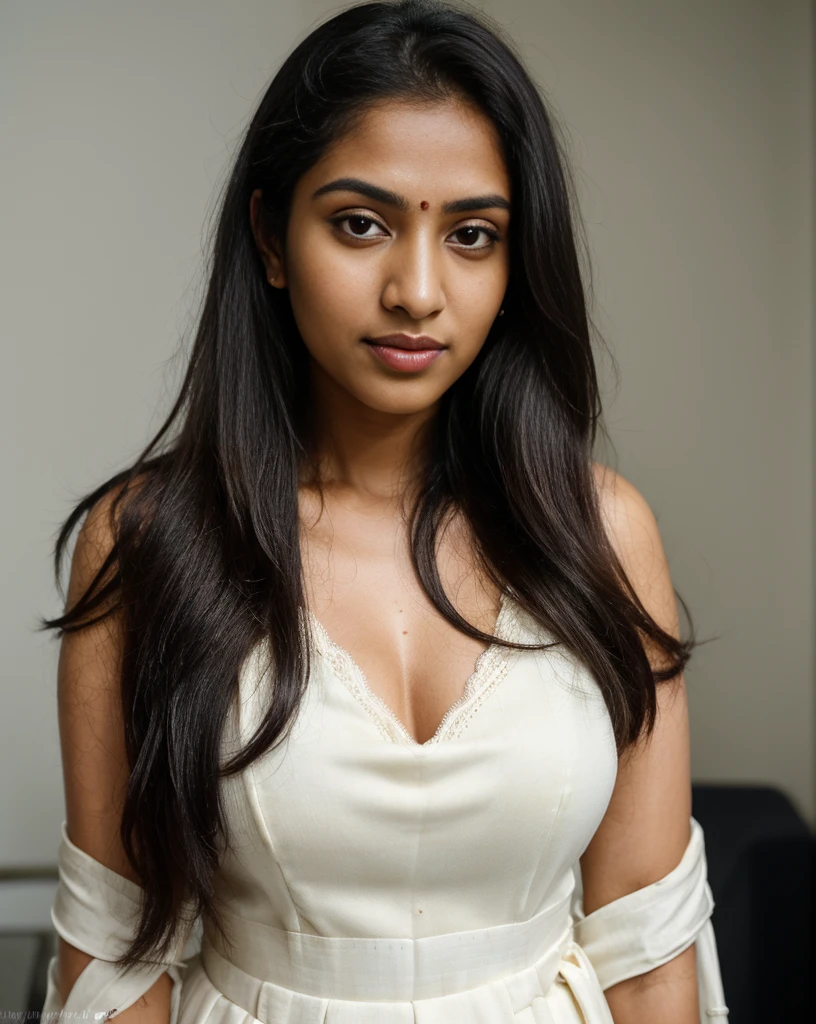 (half body postrait:1.4), RAW und portrait photo of a 28-year-old Indian woman named Maya Krish, long black hair, brown eyes, 48inch breast size, famine features, sir, ultra quality, sharp focus, tack sharp, film grain, (centered), Fujifilm XT3, detailed skin pores, tan, intricate eye detail, white dress