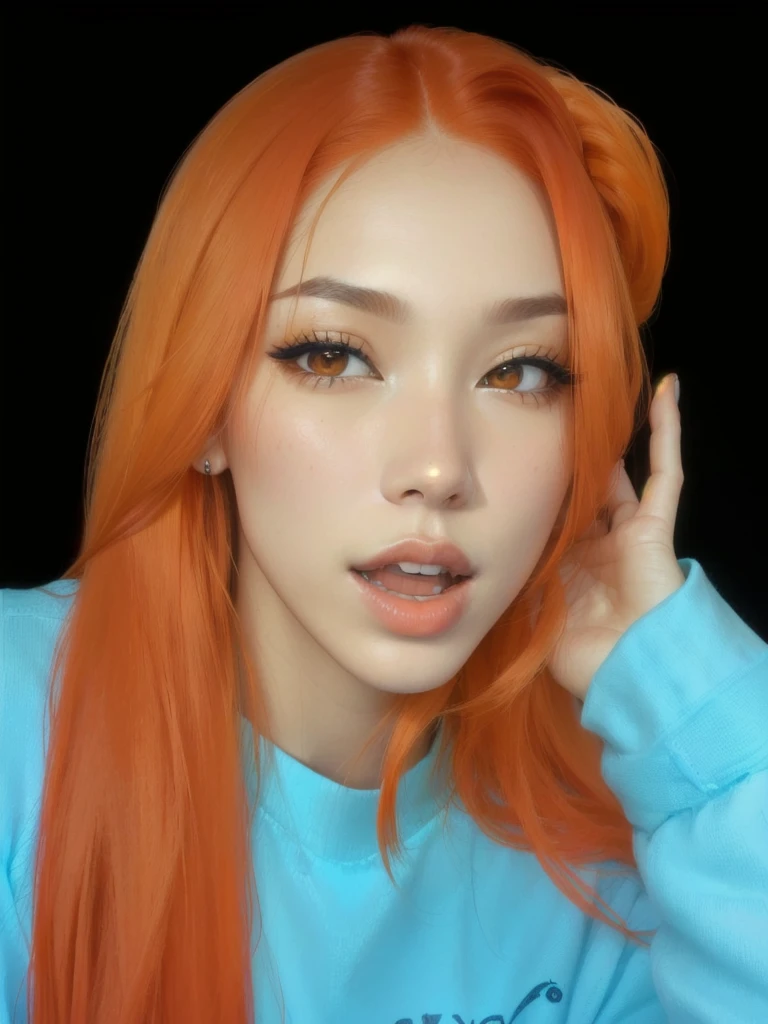 arafed woman with pelo naranja and blue shirt posing for a picture, she has long redpelo naranja, pelo naranja, cabello naranja brillante, bright pelo naranja, ella tiene el pelo largo y castaño anaranjado, long pelo naranja, Piel de naranja y pelo largo y ardiente., ava max, sun yunjoo, jossi de blackpink, portrait of jossi de blackpink, cabello suelto naranja, CL