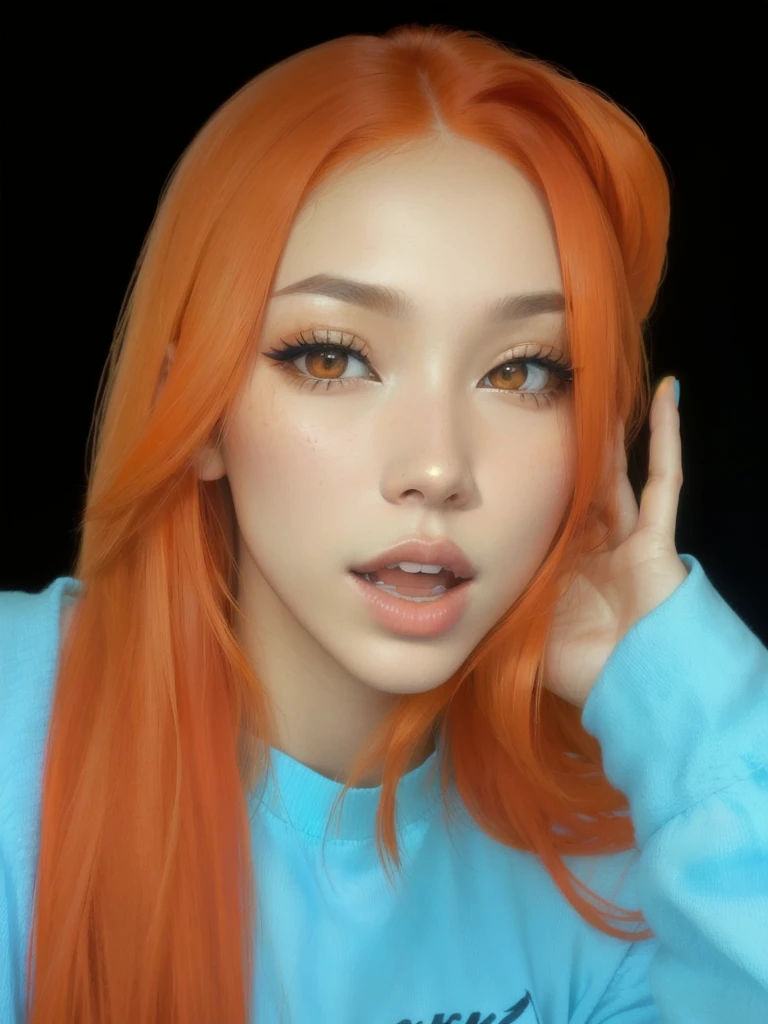 arafed woman with pelo naranja and blue shirt posing for a picture, she has long redpelo naranja, pelo naranja, cabello naranja brillante, bright pelo naranja, ella tiene el pelo largo y castaño anaranjado, long pelo naranja, Piel de naranja y pelo largo y ardiente., ava max, sun yunjoo, jossi de blackpink, portrait of jossi de blackpink, cabello suelto naranja, CL