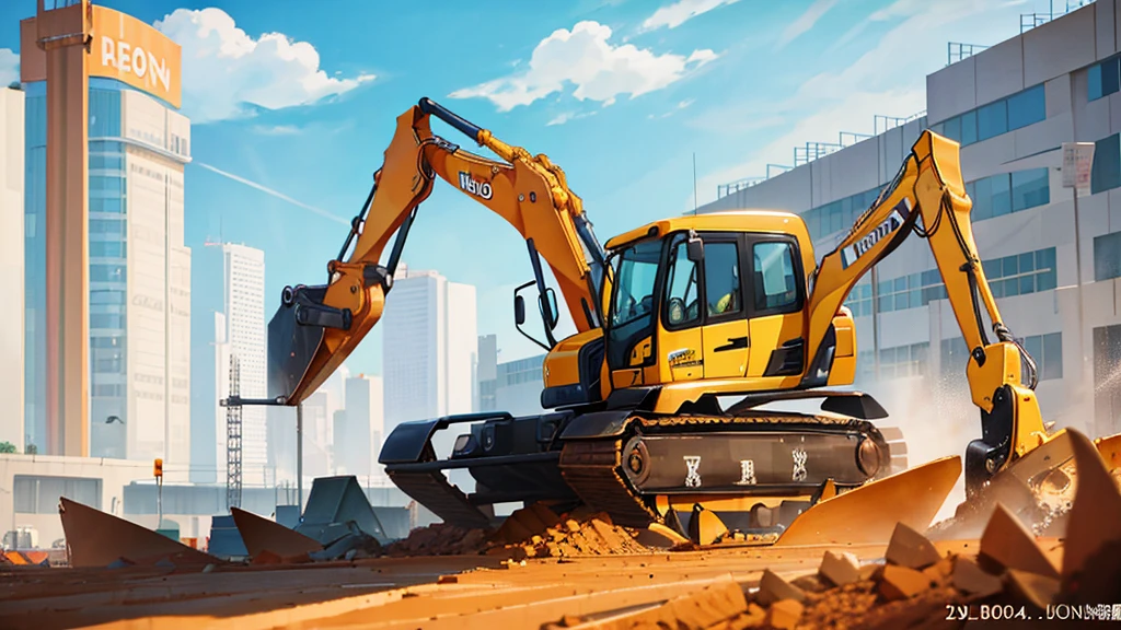 A cartoon excavator on a construction site top quality, Rich details, Perfect image quality,
