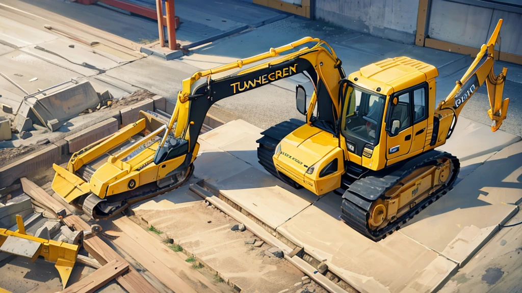 A cartoon excavator on a construction site top quality, Rich details, Perfect image quality,
