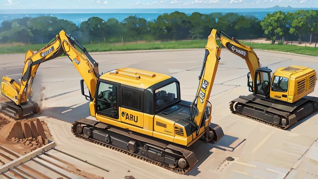 A cartoon excavator on a construction site top quality, Rich details, Perfect image quality,