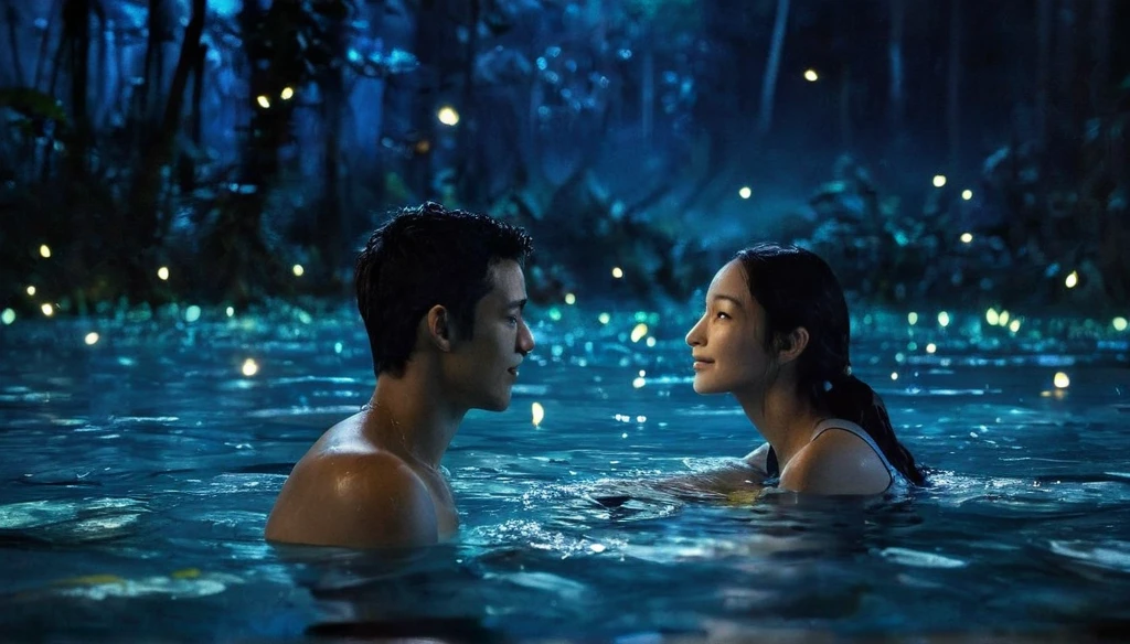 A realistic and romantic photo of a young couple, swimming on the lake at night, looking at each other, the male is touching the female's cheek. The light source is moonlight and fireflies around them. The background is a forest with glowing blueish plants like in the movie "Avatar". There is some mist on the lake.