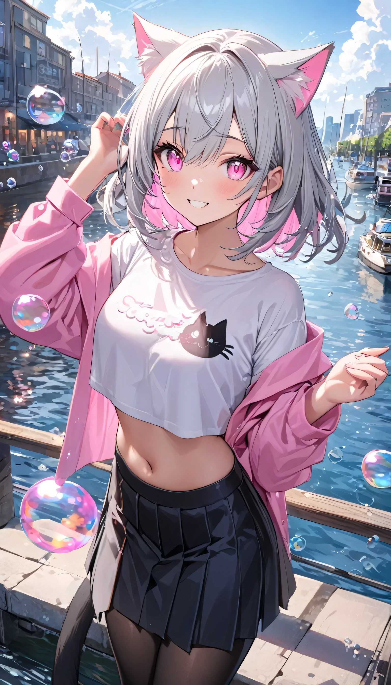 masterpiece,highest quality,Highly detailed face,fine grain,Waterfront,Bubble,Sparkling eyes,Highlighted eyes,Medium chest,pretty girl,smile,Cat ear,Beautiful silver hair,Pink inside,Beautiful pink eyes,Oversized shirt、skirt、black tights, Crop top outfit