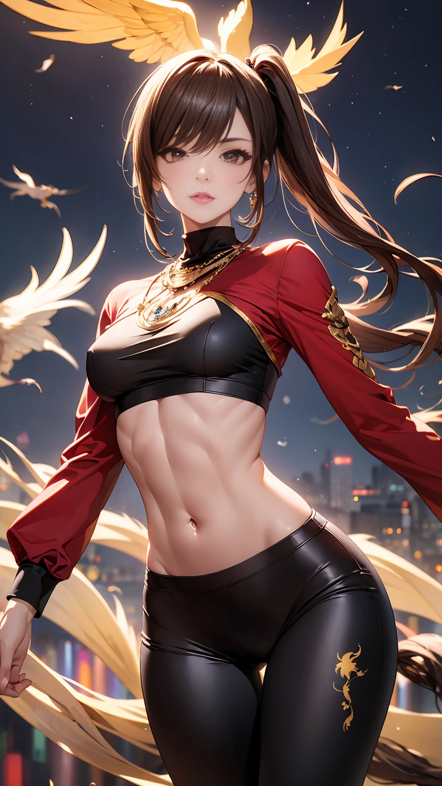 Beautiful woman with mid straight ponytail brown hair with brown eyes wearing an Black Tight Leggings With Golden Dragon Prints, a Red Sexy Criss Cross Mock Neck Mid Sleeves Blouse With Phoenix Prints, luxurious jewelry and a luxurious necklace, 18k gold wedding ring on left hand, fighting in a wide field at night, (caucasian skin), (light brown lipstick), (elegant mascara), (slim body with abs), (small breasts), (wide hips), midjourney, <lora:GoodHands-, <lora:GoodLegs-, UHD, high resolution, (masterpiece:1.1, best quality), (expressive eyes, perfect face, full body, expressive face, perfect body, perfect pussy, athletic, fit, slim body, blushing, Perfect makeup, eyeliner, beautiful eyelashes, smiling, horny face), ((best illumination, best shadows)), ((fight pose)),