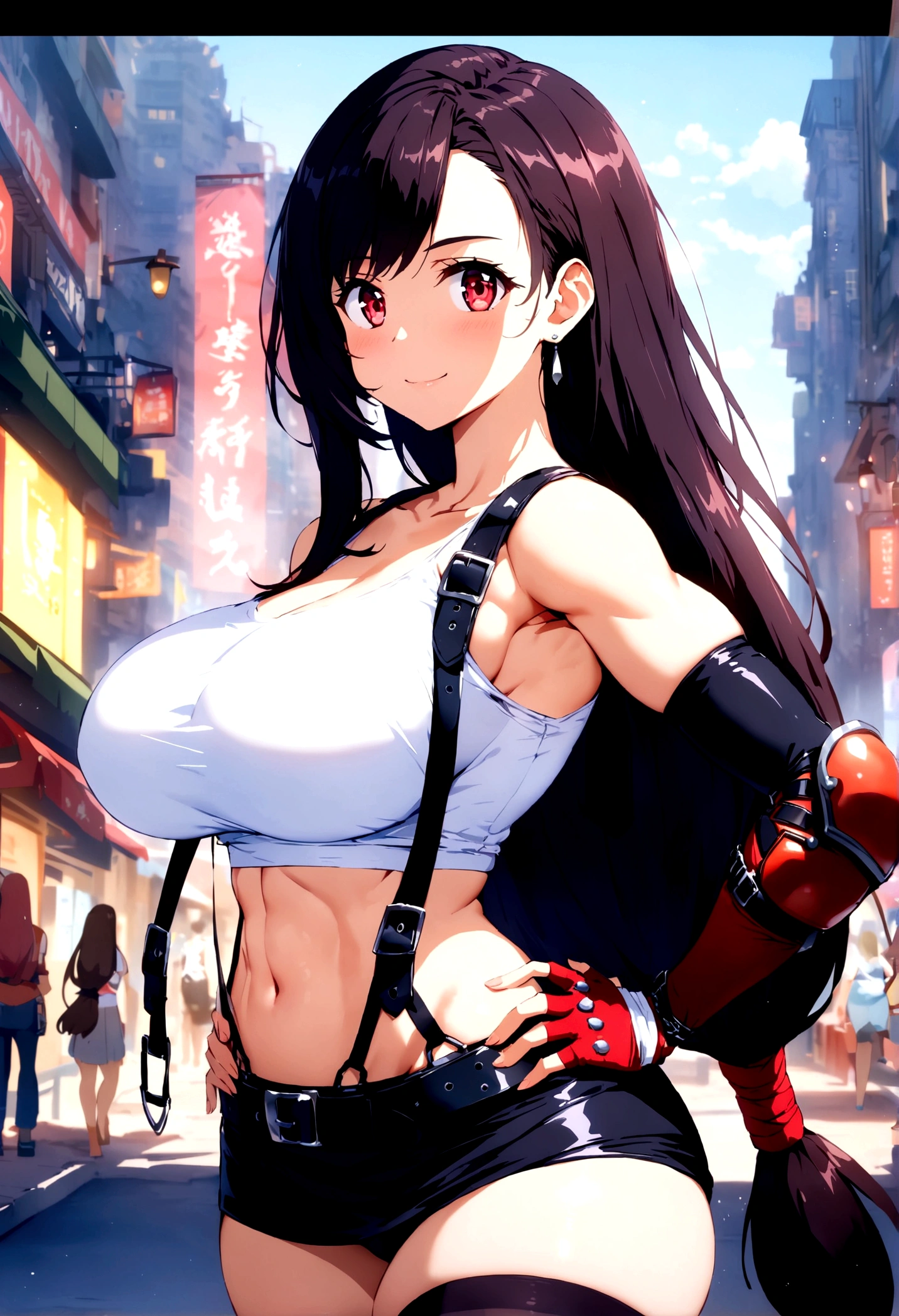score_9, score_8_up, score_7_up,score_6, score_5,4k,BREAK , (from side:),breast focus,standing,straight-on,,(upperbody),looking_at_viewer ,1girl, tifa lockhart, final fantasy, tareme,black hair, low-tied long hair, red eyes, bangs, white tank top, belt, pleated skirt, thighhighs, elbow fingerless gloves, elbow pads, midriff, navel,suspender skirt ,large_breasts,(light smile),Curvy waist,hands on hips,Solo,,(daytime and beachside and city),Toned,detailed skin,(best quality),aesthetic,very aesthetic,UHD,HDR,intricate detailed,anime,highly detailed,sharp focus,depth of field,,professional lighting,cinematic lighting,