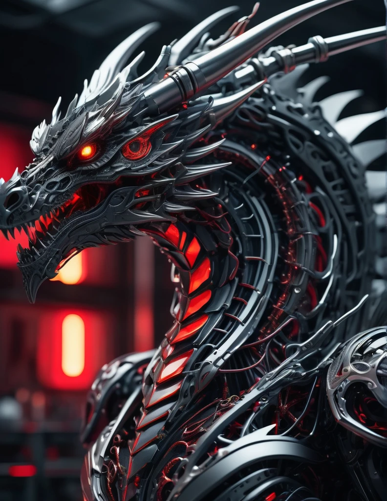 Complex 3d rendering ultra-detailed beautiful Gigantic dragon , biomechanical robot, simulated 150mm shot, beautiful natural soft edge light, crystal , roots, colorful details, intricate details, mesh threads, mandelbro fractals, body muscles, cable wires, microchips, badasses, surreal, ultra-detailed, octane rendering, volumetric lighting, 8k post-production, black and white with a touch of red , metallic skeleton details, half-animal , futuristic background ,