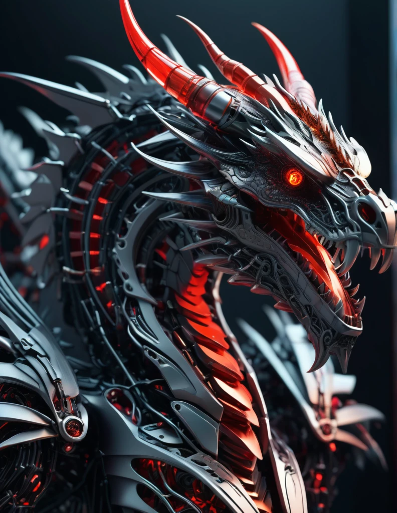 Complex 3d rendering ultra-detailed beautiful Gigantic dragon , biomechanical robot, simulated 150mm shot, beautiful natural soft edge light, crystal , roots, colorful details, intricate details, mesh threads, mandelbro fractals, body muscles, cable wires, microchips, badasses, surreal, ultra-detailed, octane rendering, volumetric lighting, 8k post-production, black and white with a touch of red , metallic skeleton details, half-animal , futuristic background ,  