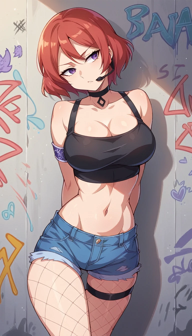 Masterpiece, best quality, nishikino maki, red hair, purple eyes,cowboy shot,solo ,gothic make up ,crop top, ((colossal cleavage)), denim shorts, choker, (graffiti:1.5), paint splatter, arms behind back, against wall, looking away, armband, thigh strap, paint on body, head tilt, bored, headset, fishnet pantyhose naked, castlevania style