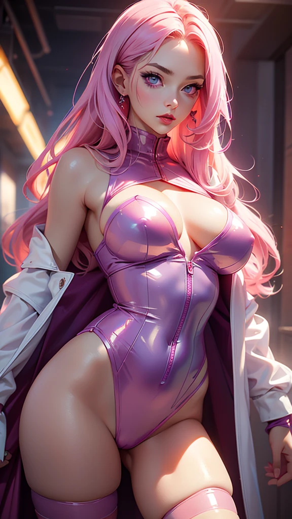 Best quality, Masterpiece, Portrait, Perfect anatomy, Feminine, Cool, Flawless, One woman, Solo, Sexy, Stylish, Mature, Purple eyes, Long light pink hair, Big breasts, Red lipstick, Big breasts, in a sexy translucent outfit