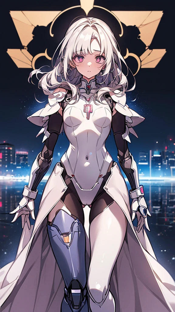 ((girl, Mecha)), glowing eyes, delicate face, broken armor, Mechanical aura, Mechanical arm, white hair, long hair, Ceramic body, Thigh gap, Small chest, Internet background, Very good city, (translucent, Reflective Skin), 8K, best quality, Super detailed, (Surrealism: 1.4),  