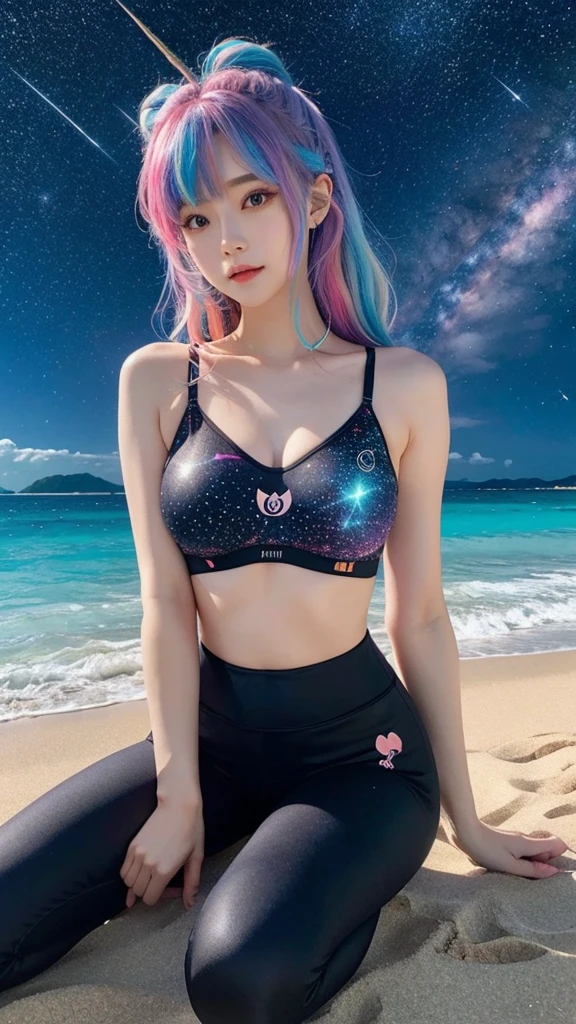 AIBeauty、リアルBeauty、Riding a Unicorn、Bra Top、leggings、Rainbow colored hair、Constellations can be seen on the beach、starry sky zoo、cute