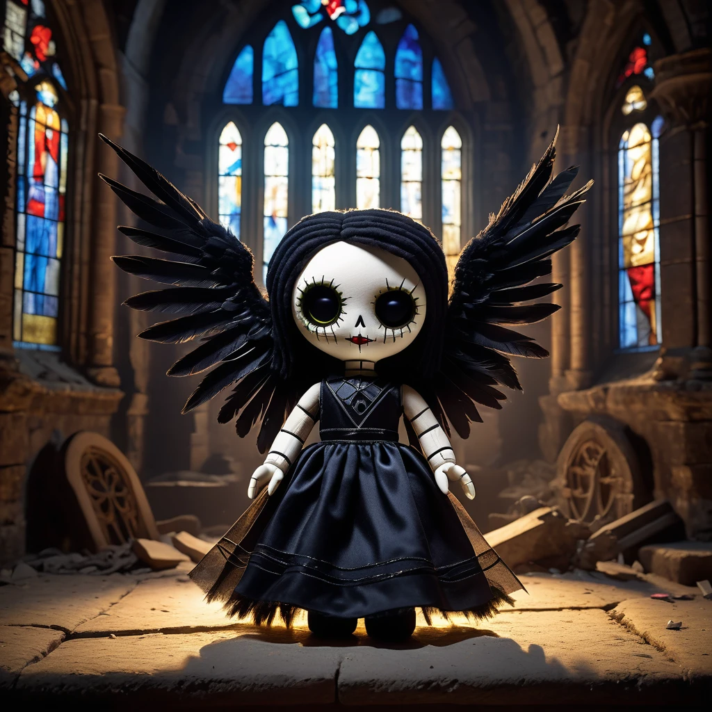 (knitted toy voodoo doll:1.2), (Voodoo Dark Angel:1.3), (Clothing Black dress or robe:1.0), black feather wings, dark eyes, (against the background Ruins of an ancient church with stained glass windows, half-light and dust, moonlight breaking through broken windows:1.2), best quality, masterpiece, detailed soft oil painting, detailed background, dramatic cinematic lighting, soft edge lighting, professional, dramatic lighting, hard edge lighting, ultra quality, 4k, masterpiece, best quality, 8k, ultra high definition, high resolution, extremely detailed