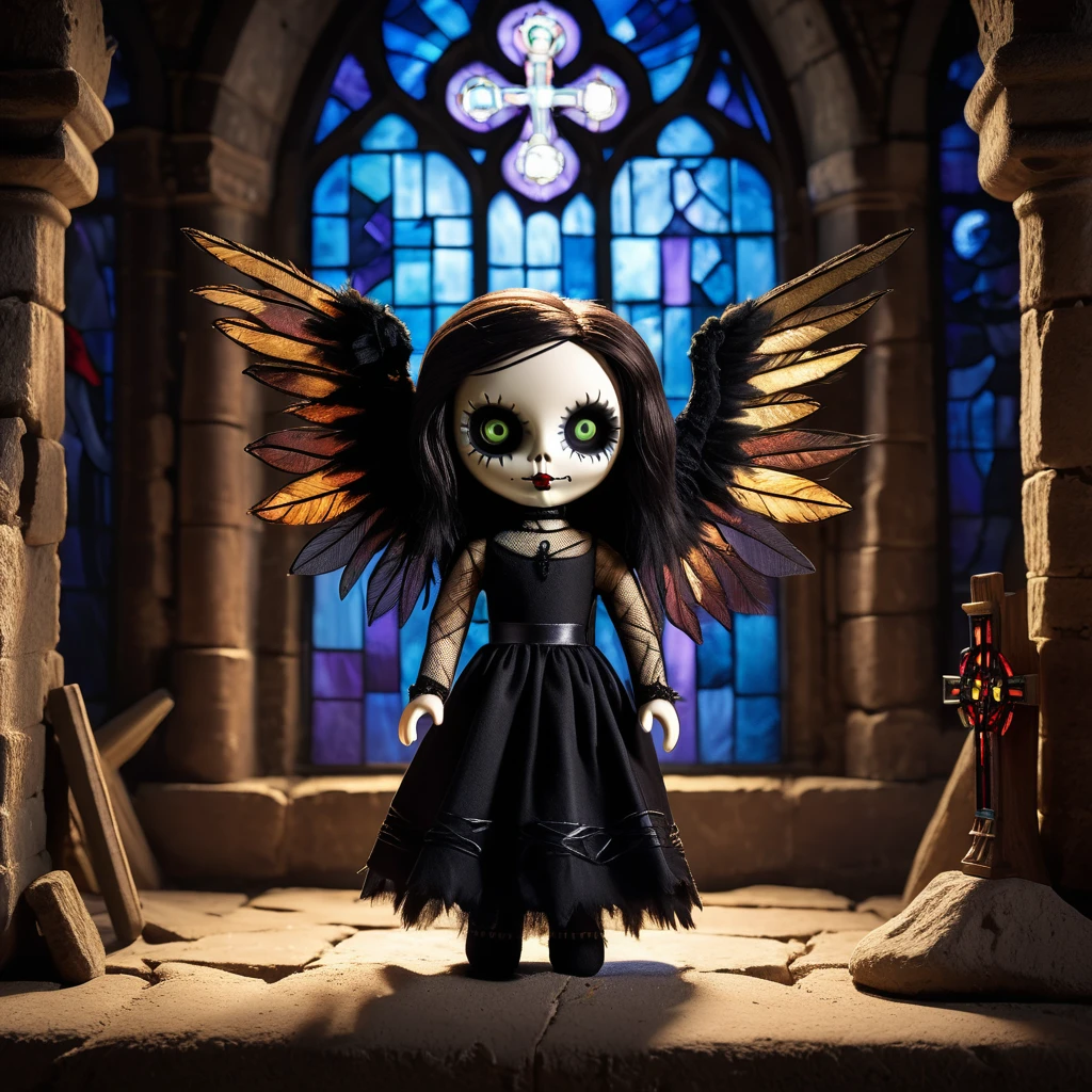 (knitted toy voodoo doll:1.2), (Voodoo Dark Angel:1.3), (Clothing Black dress or robe:1.0), black feather wings, dark eyes, (against the background Ruins of an ancient church with stained glass windows, half-light and dust, moonlight breaking through broken windows:1.2), best quality, masterpiece, detailed soft oil painting, detailed background, dramatic cinematic lighting, soft edge lighting, professional, dramatic lighting, hard edge lighting, ultra quality, 4k, masterpiece, best quality, 8k, ultra high definition, high resolution, extremely detailed
