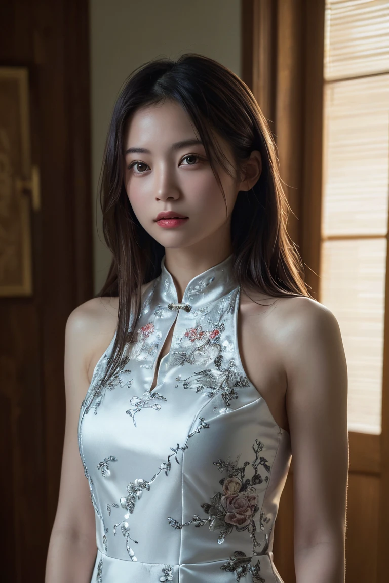 (Highest quality:1.4),(masterpiece:1.4),(Realistic:1.4),(Realistic:1.2),(超High resolution, RAW Photos:1.4),(High resolution, Ultra-detailed:1.2),(8K:1.2),Movie Photos,a photo of a dark-haired,One girl,alone,wear ,((China dress))、((Upper Body:1.3))