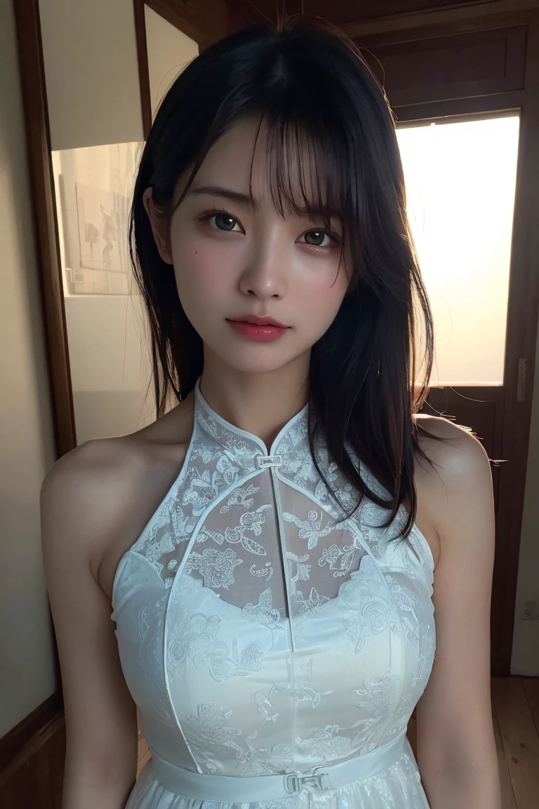 (Highest quality:1.4),(masterpiece:1.4),(Realistic:1.4),(Realistic:1.2),(超High resolution, RAW Photos:1.4),(High resolution, Ultra-detailed:1.2),(8K:1.2),Movie Photos,a photo of a dark-haired,One girl,alone,wear ,((China dress))、((Upper Body:1.3))
