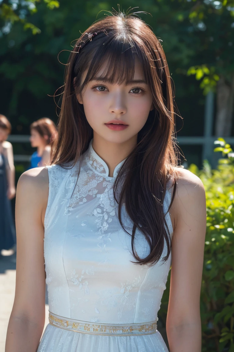 (Highest quality:1.4),(masterpiece:1.4),(Realistic:1.4),(Realistic:1.2),(超High resolution, RAW Photos:1.4),(High resolution, Ultra-detailed:1.2),(8K:1.2),Movie Photos,a photo of a dark-haired,One girl,alone,wear ,((China dress))、((Upper Body:1.3))