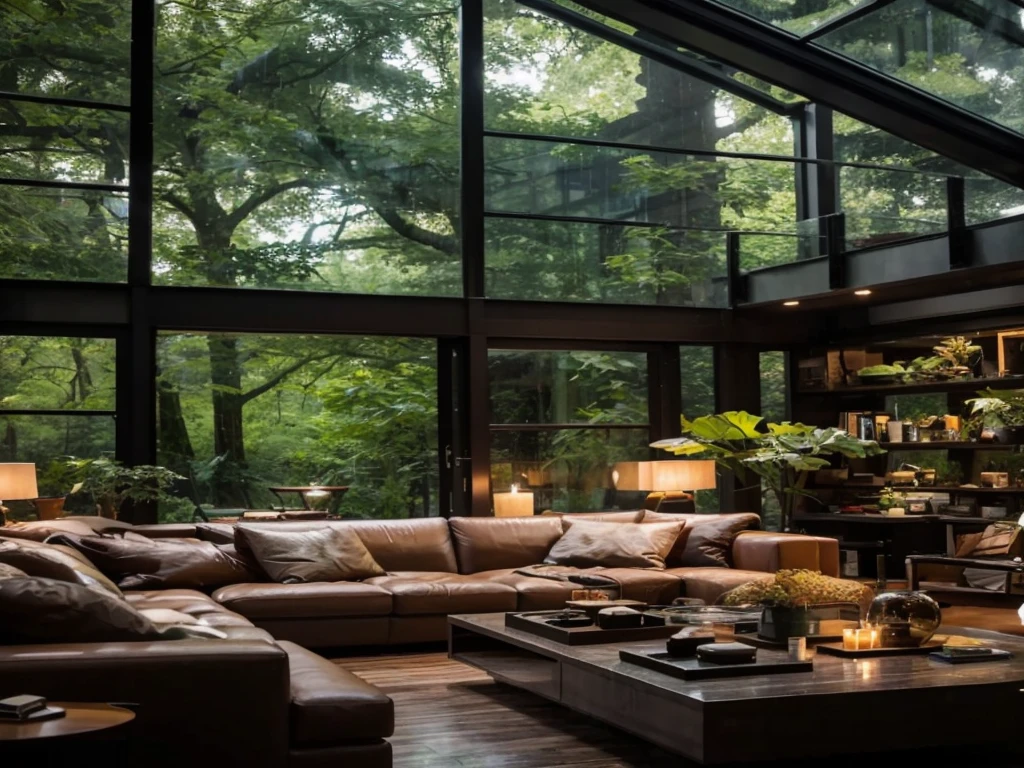 A Double-height ceiling living room with a large, floor-to-ceiling window. cozy ambiance with a television.outside is dark and rainy with trees