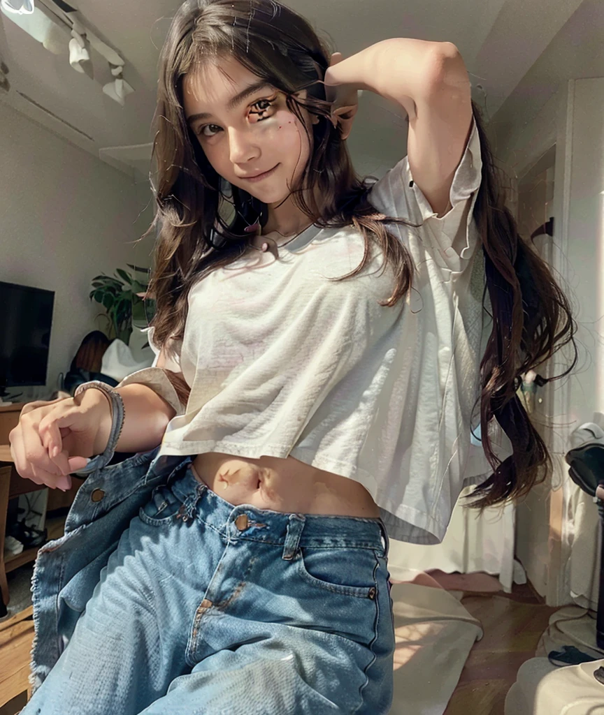Digital illustration of a 17 year old woman alone in the afternoon. He wore casual clothes, oversized t-shirt and jeans. Her hair is long and flowing, slightly blown by the wind. Her expression was a sweet smile, with the background of the living room of the house.