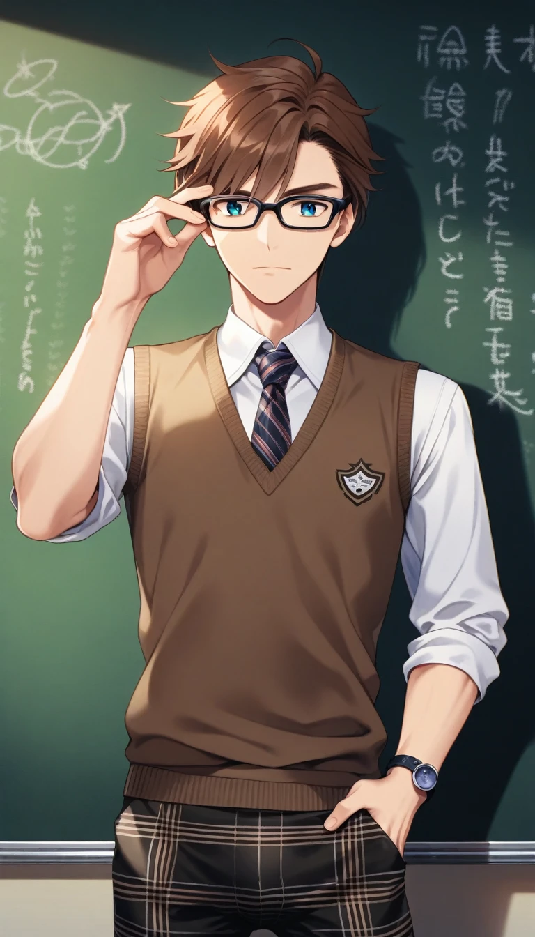 score_7, score_8, 1man, ((solo)), nerd, a handsome man, brown hair, styled hair, adjusting glasses, bulge in pants, sharp eyes, black glasses, in front of a chalkboard, teacher, sweater vest, tie, plaid pants