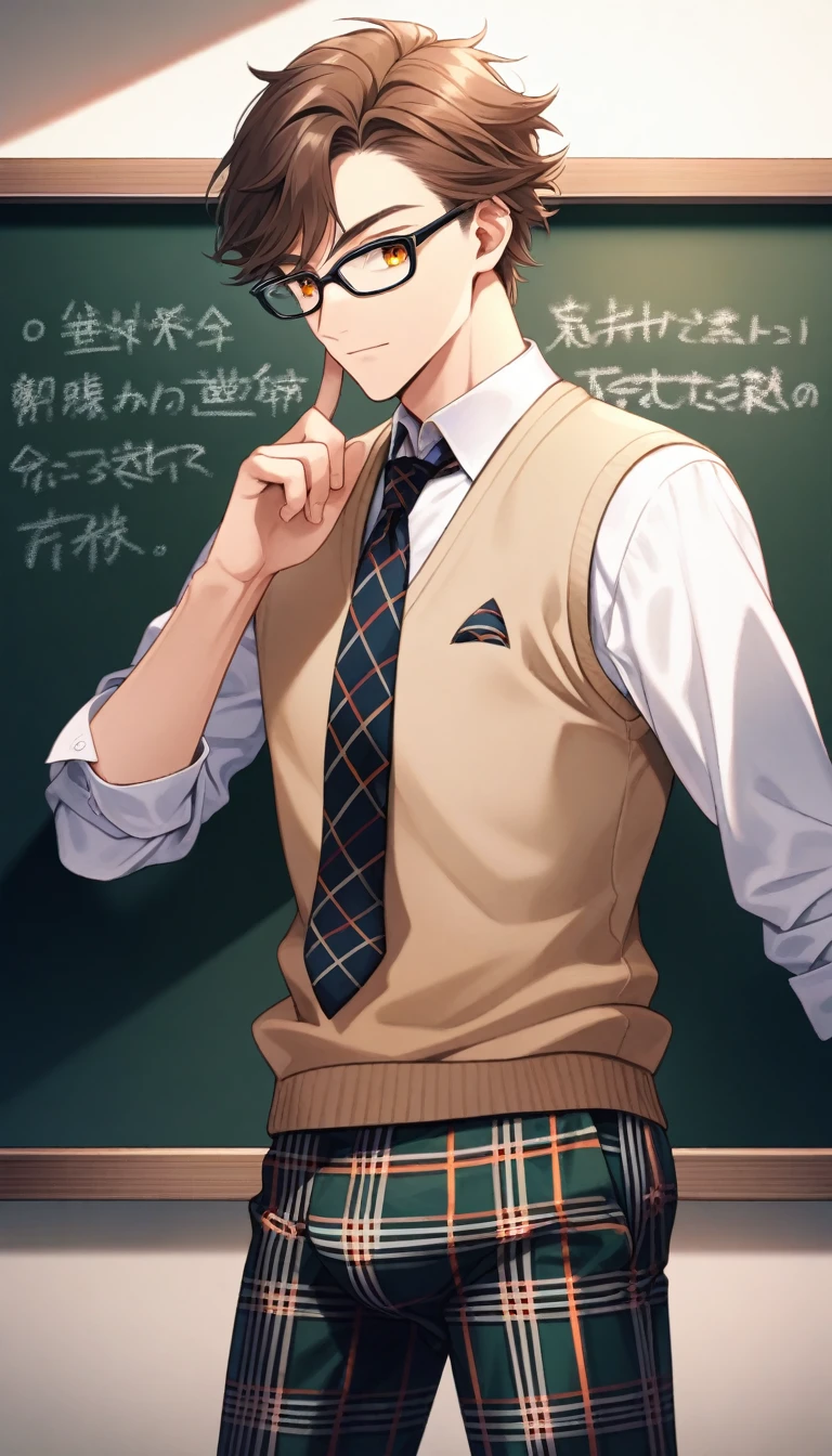 score_7, score_8, 1man, ((solo)), nerd, a handsome man, brown hair, styled hair, adjusting glasses, bulge in pants, sharp eyes, black glasses, in front of a chalkboard, teacher, sweater vest, tie, plaid pants