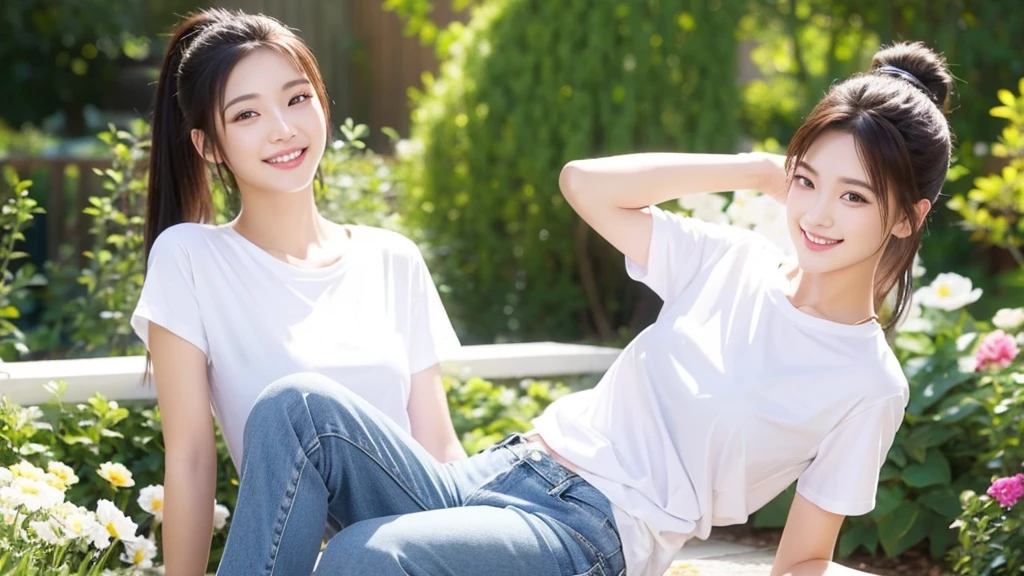 Beauty、smile、garden、White T-shirt、denim、ponytail、1 person