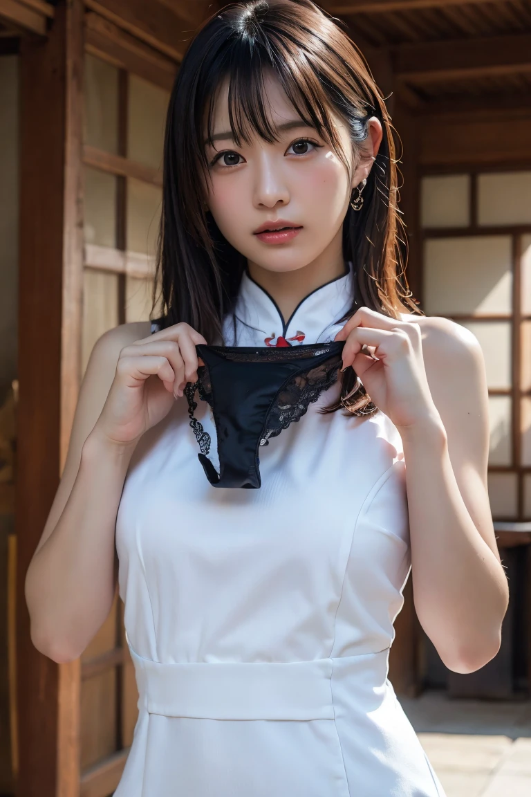 (8K, RAW Photos,Highest quality, High resolution:1.1), (Ultra-realistic:1.4),(Realistic, Realistic:1.3),The Beauty of Japan、((China dress:1.3))、((Upper Body:1.3)),holding panties 