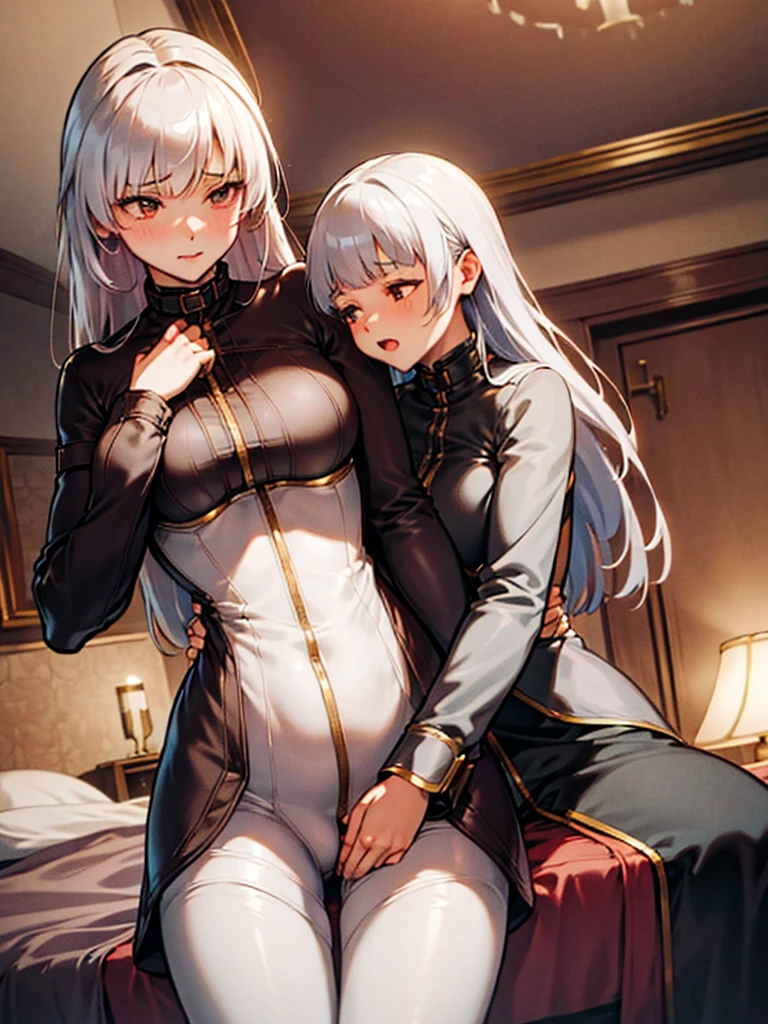 (masterpiece、top-quality、hight resolution、Unity 8k Wallpaper、extremely details CG:1), The film describes a scene in which two women are beginning a lesbian sexual act together on a bed in a private room. The young woman, nervous for the first time, is being coached by an experienced lesbian senior. The senior gently touches the young woman's body and gently teaches her lesbianism. The intimate setting, in which they only see each other, accentuates their loving relationship and expresses the young woman's desire for the unknown and pleasure from her senior. nsfw