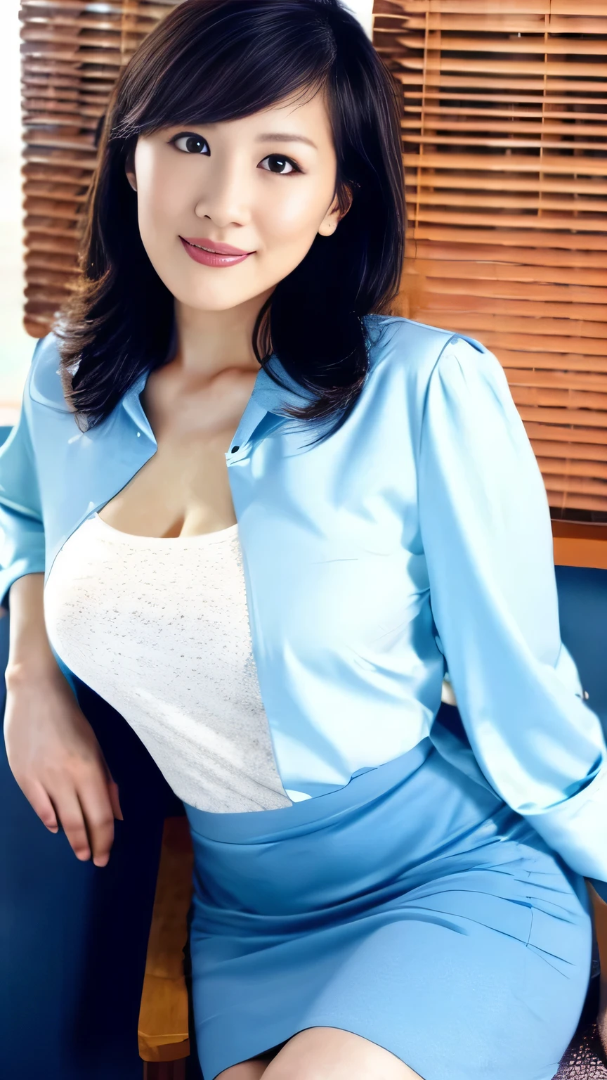 1 Japanese female,Shiny Hair、Elegant smile、Jacket、Light blue collared short sleeve blouse、Breast enlargement、Beautiful breasts、Tight Skirt、mini skirt、Very short skirt、Spread your legs、Black Hair、pumps,Highest quality,Very delicate and beautiful 8K,Very high resolution,,Beautiful detailed girl,Realistic、Company Office、In front of the office computer、Sit on a chair、Beautiful appearance、超Realistic,Make eye contact、Fine wrinkles、Natural Makeup