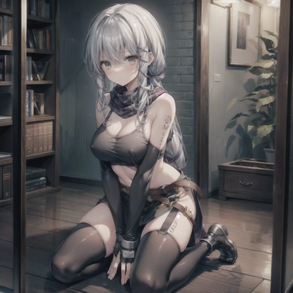 (masterpiece, highest quality, Perfect Anatomy, Fabric Shading, gleaming skin, Glowing Skin, Detailed skin),BREAK,
(clair lasbard),
(long ponytail, hair ribbon, striped scarf, black sports bra, belt, black micro bikini, fingerless gloves, thigh boots),
Full Body, erotic pose, sensational look, (kneeling, hand between legs :1.3), BREAK,
huge breasts, wide open cleavage, underboob), BREAK,
Portrait, dutch angle, BREAK,
fantasy, Late Night, Dark, BREAK