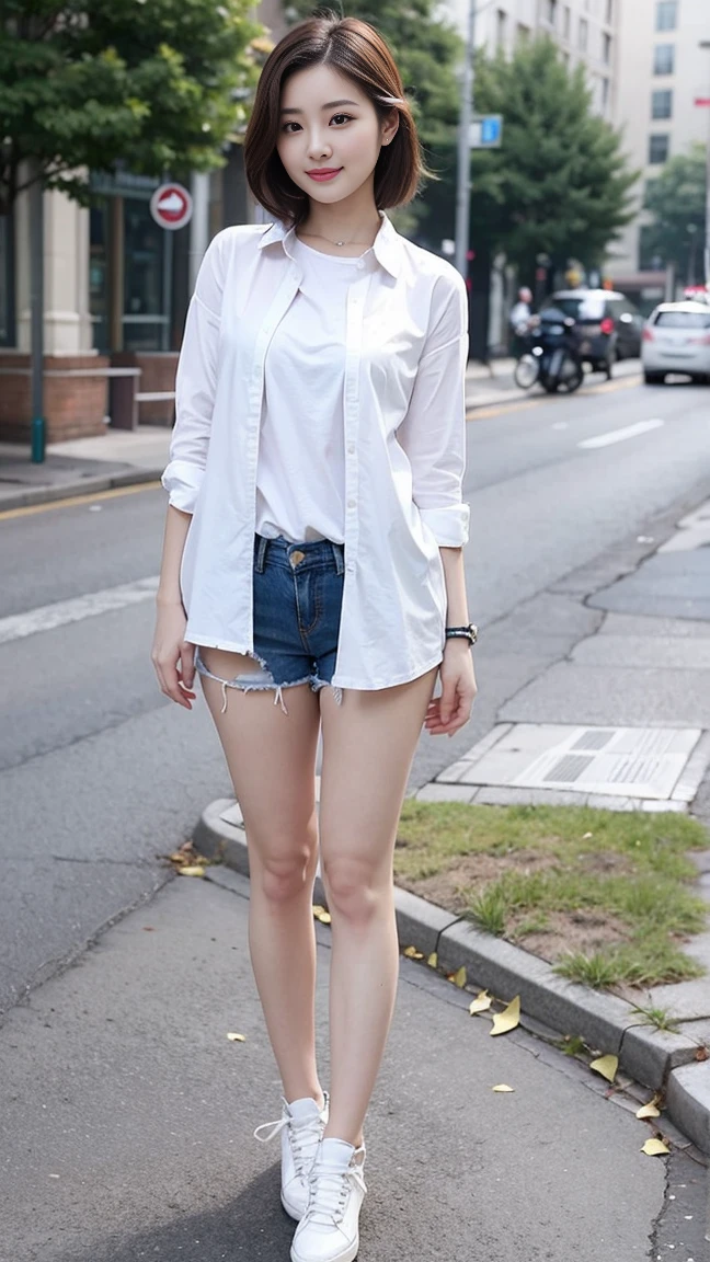  Wearing a white shirt， girl, （tight top：1.5），close your mouth and smile，legs long，Skinny super shorts，White skin of the，high high quality，4K, Face-to-face audience, 1 plump girl，hair tying up，at the street side，（Bring your legs together：1.5），with a round face， 32 inches in the chest, (sexy pose),(standing pose) ,(full body shot)、Chest 32 inches, ,Stand on the grass and take pictures