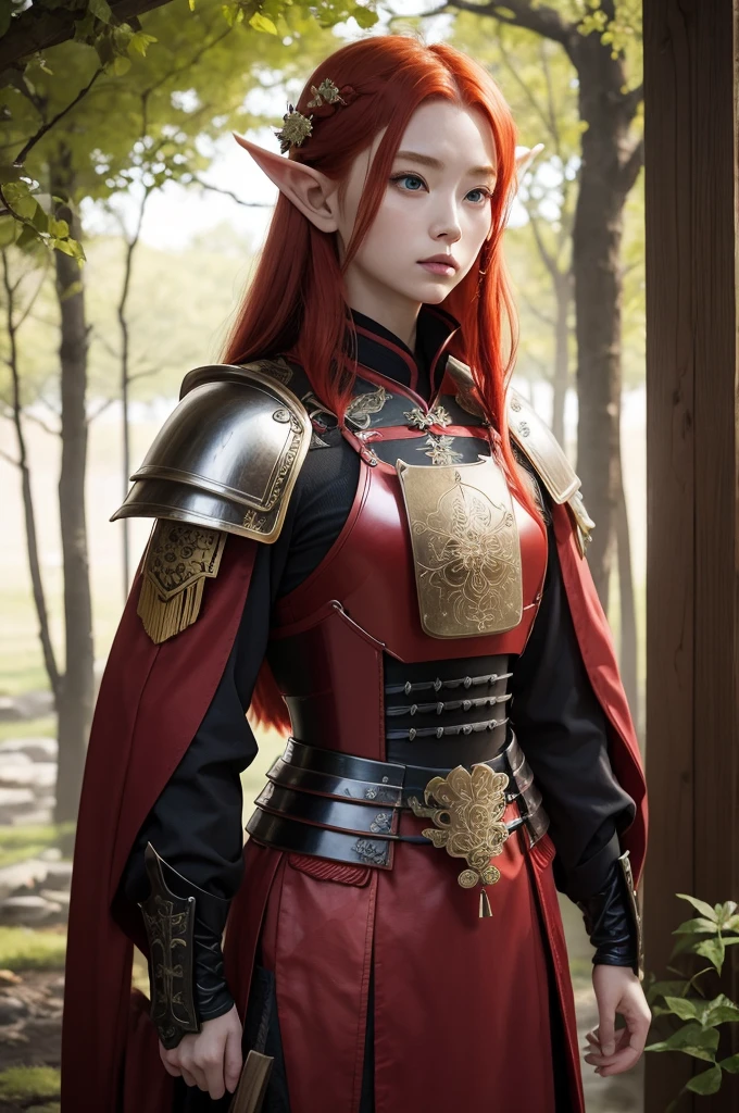 A beautiful red-haired elf wearing almost transparent samurai armor 