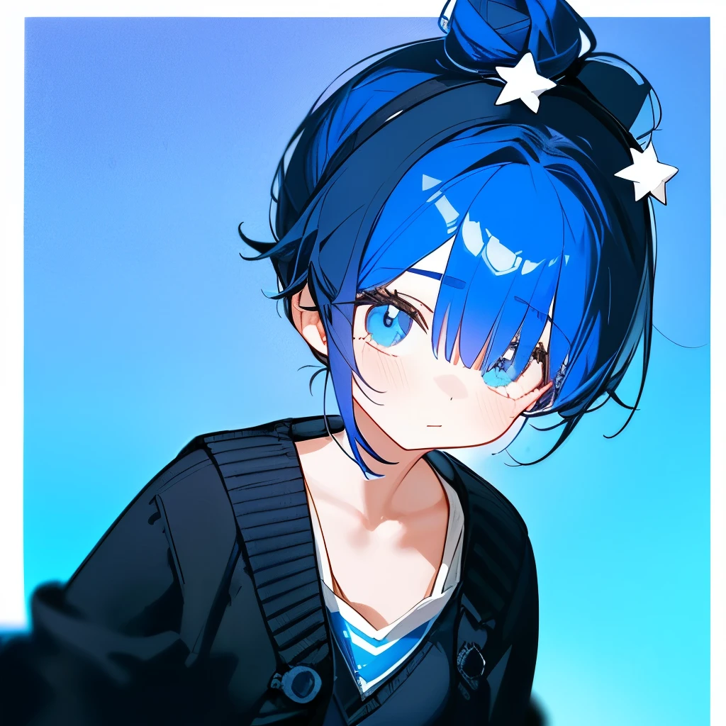 A girl Her hair Tied in a buns 2 style , short, the bottom of the hair is blue, the top is black, she wears a black cardigan and a blue one, with a star accessory on her head.