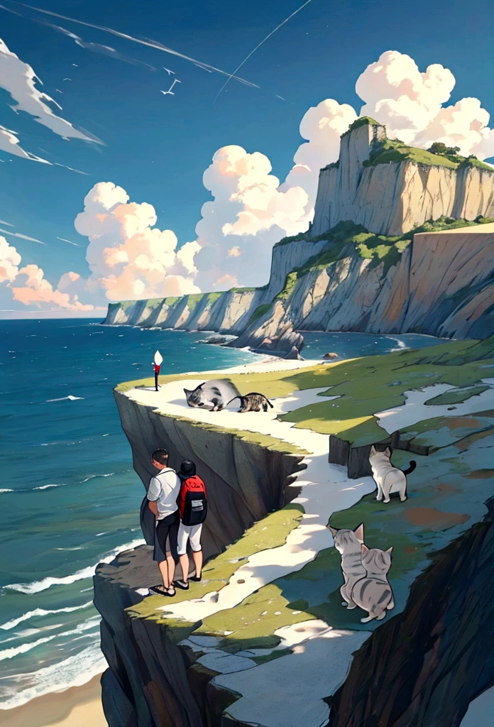 A young man，He is on the cliff by the sea，Looking at the sea level，Next to the man is a supercar，A bicycle，Man holding camera looking at the seaside，There is a kitten at his feet，The scene is vast