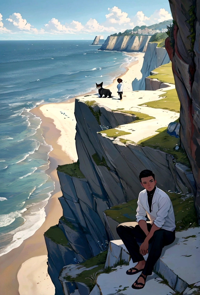 A young man，He is on the cliff by the sea，Looking at the sea level，Next to the man is a supercar，A bicycle，Man holding camera looking at the seaside，There is a kitten at his feet，The scene is vast