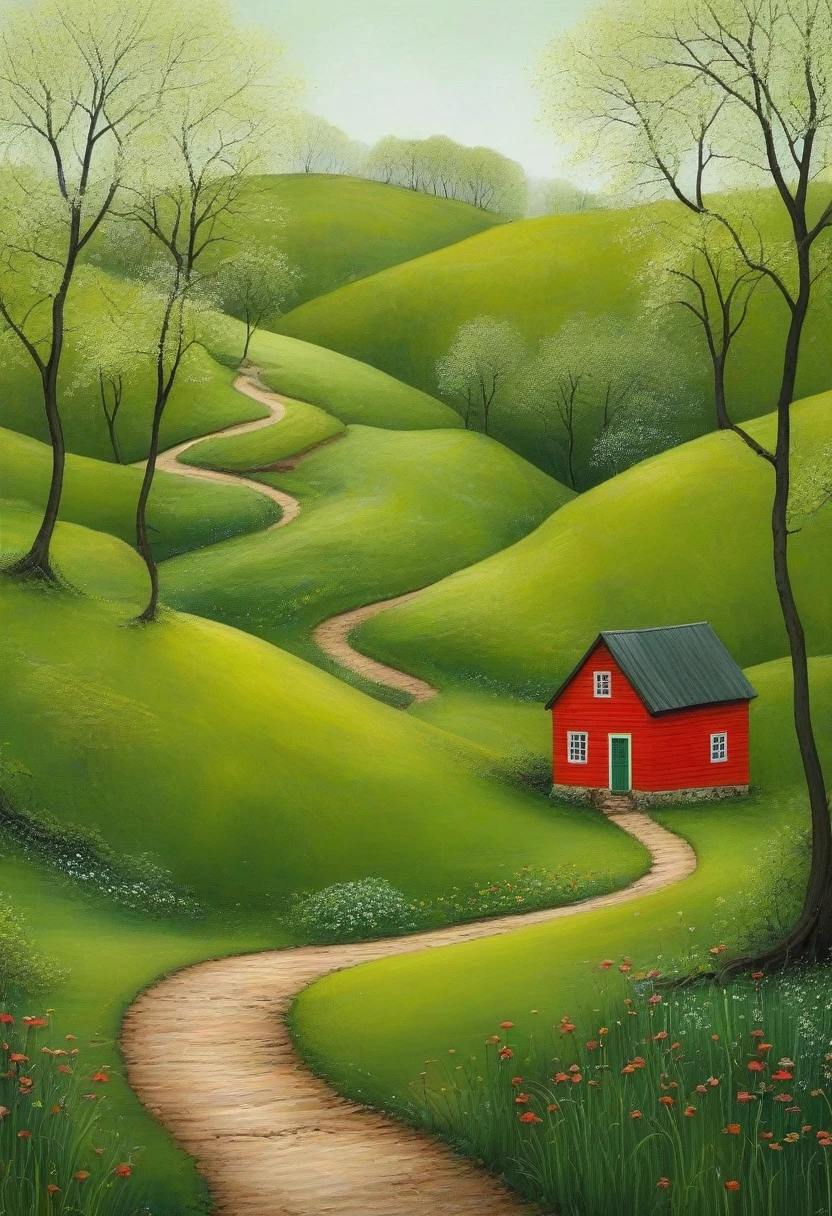 Minimalism,spring,Woods and winding paths,Old man back,The little red house in the distance,Green Theme