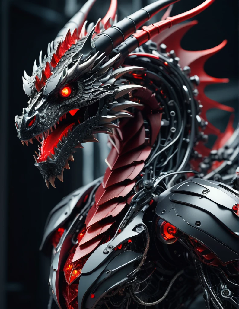 Complex 3d rendering ultra-detailed beautiful Gigantic dragon , biomechanical robot, simulated 150mm shot, beautiful natural soft edge light, crystal , roots, colorful details, intricate details, mesh threads, mandelbro fractals, body muscles, cable wires, microchips, badasses, surreal, ultra-detailed, octane rendering, volumetric lighting, 8k post-production, black and white with a touch of red , metallic skeleton details, half-animal , futuristic background ,