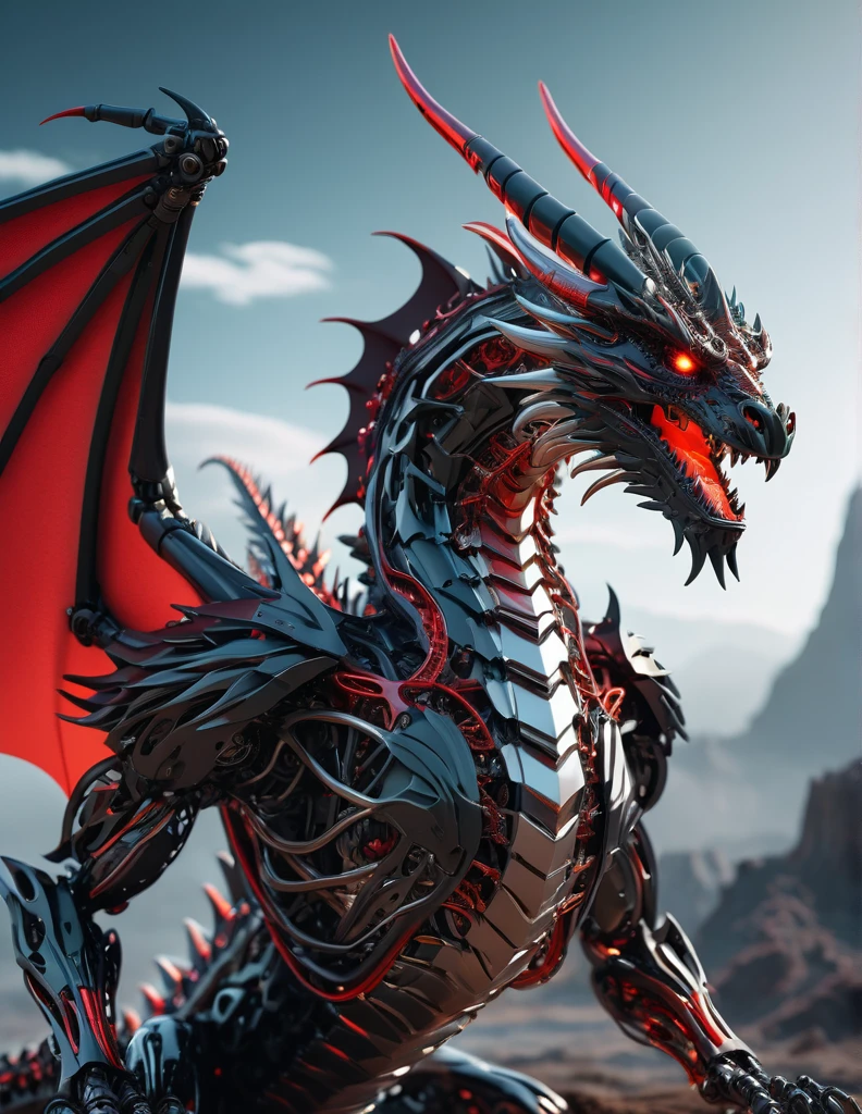 Complex 3d rendering ultra-detailed beautiful Gigantic dragon , biomechanical robot, simulated 150mm shot, beautiful natural soft edge light, crystal , roots, colorful details, intricate details, mesh threads, mandelbro fractals, body muscles, cable wires, microchips, badasses, surreal, ultra-detailed, octane rendering, volumetric lighting, 8k post-production, black and white with a touch of red , metallic skeleton details, half-animal , futuristic background ,  